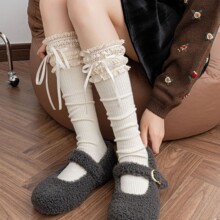 秋冬咖色蕾丝花边中筒袜女奶白色竖纹显瘦加厚保暖lolita小腿袜子