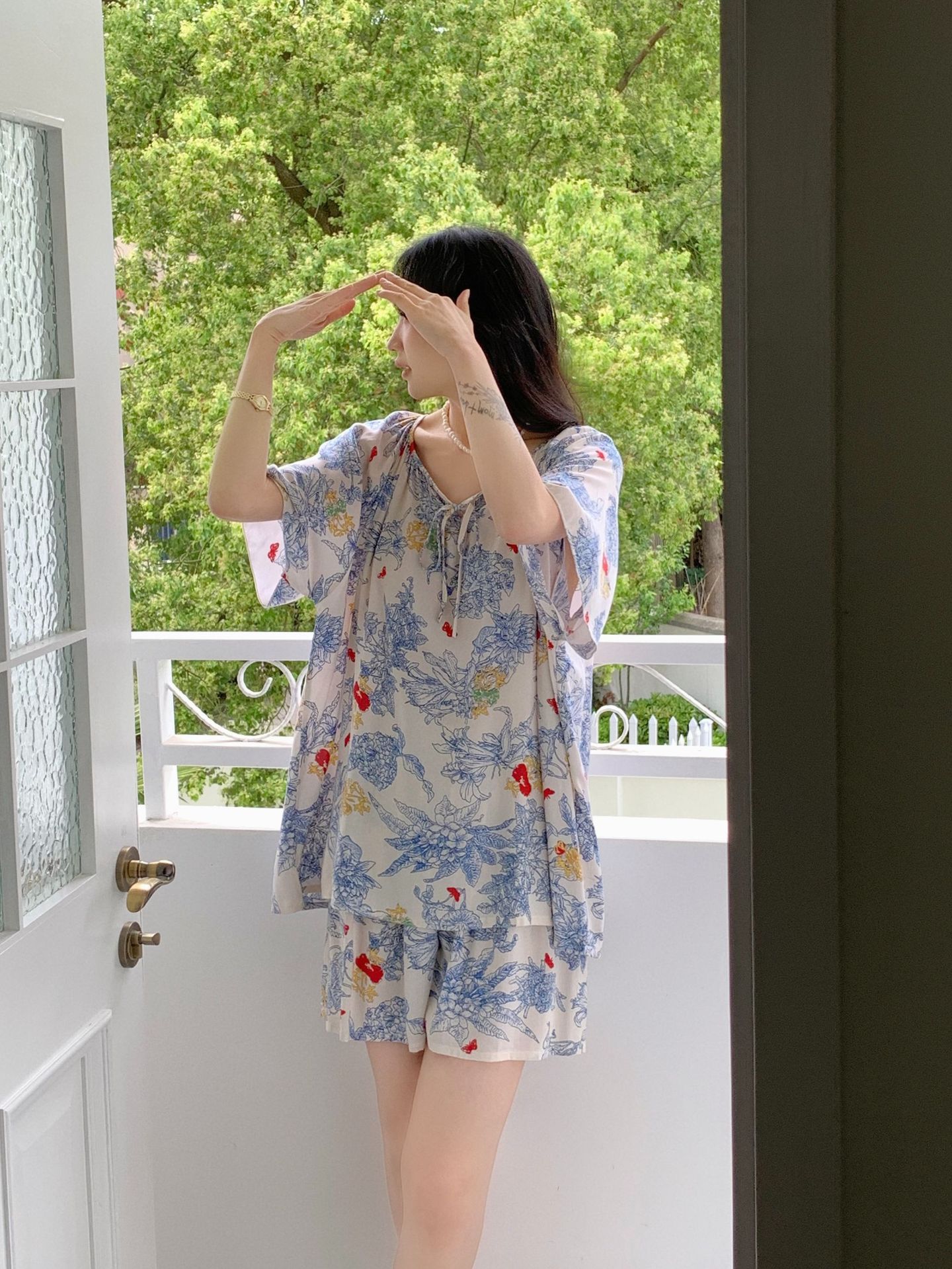 [Traje de manga corta] Pijamas finos de seda de algodón, servicio a domicilio para mujer, estilo nacional, traje de pantalón de algodón suelto de alta gama en movimiento