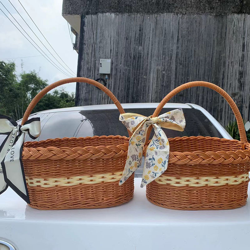 仿藤编织椭圆收纳手提篮 藤编伴手礼篮子藤编花篮果篮送礼水果蓝