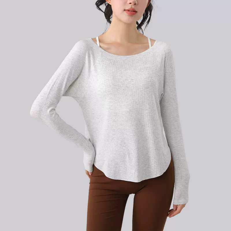 新款裸感弹力透气瑜伽服女性感露肩运动长袖T恤跑步训练健身服秋