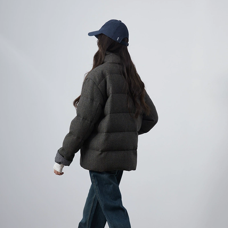 Velvet woolen demi-season warm jacket with down, goose down