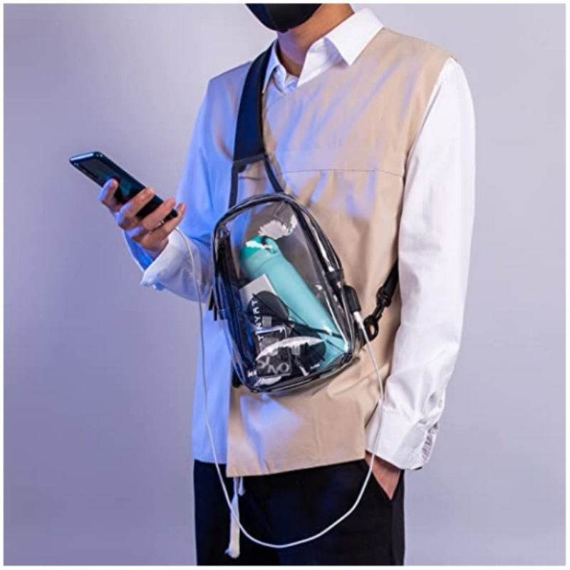 Inventario transfronterizo al por mayor de gran capacidad transparente bolsa de pecho de carga USB transparente para mujeres y hombres bolso de hombro casual