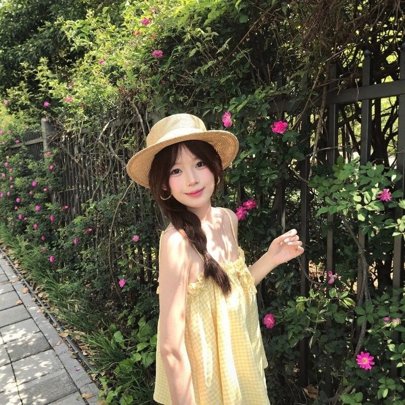 Korean-Style Sweet Casual Vacation Style Yellow Plaid Camisole Drawstring Pleated Shirt Loose Sleeveless Top for Women