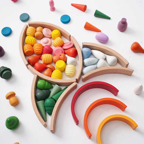 Wooden children's open-ended creative four-season themed cute construction rainbow building block combination set toy
