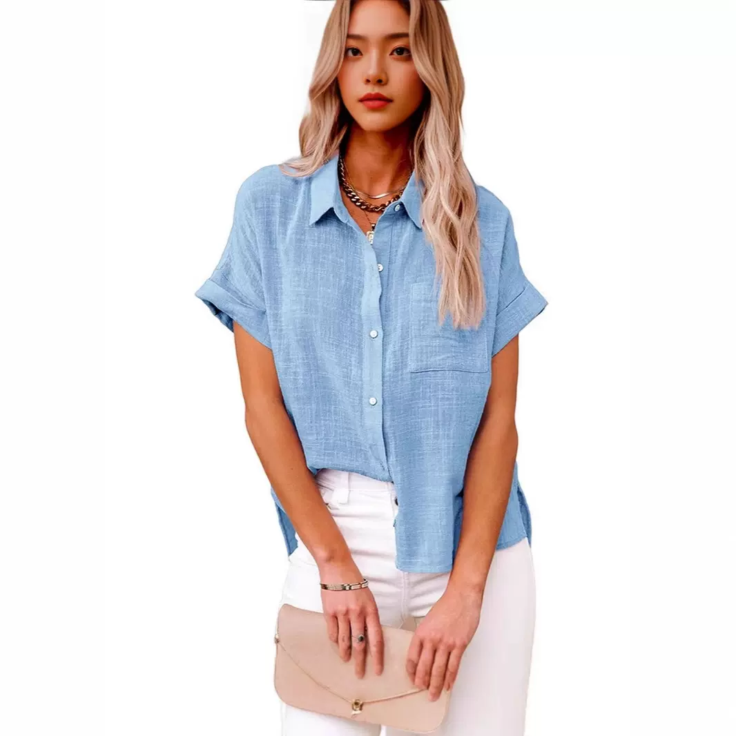 亚马逊wish夏新款欧美跨境女装纯色衬衫短袖纯棉休闲宽松衬衣