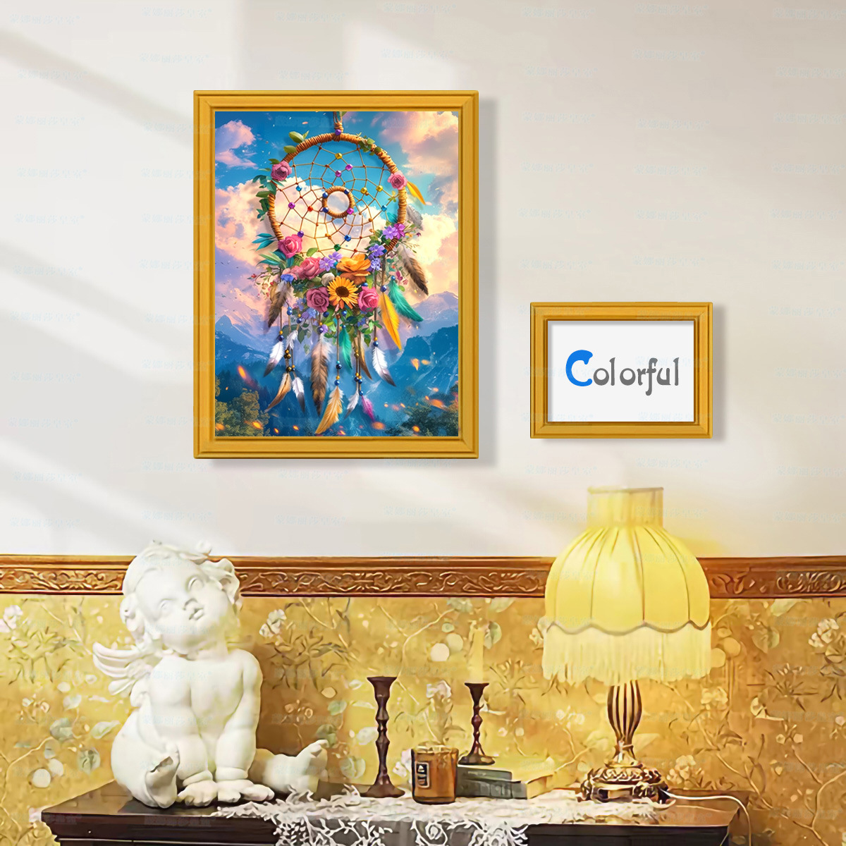 Mona Lisa real red de bordado cruzado atrapadora de sueños y flores nuevas pequeñas flores minimalistas sala de estar línea bordada a mano