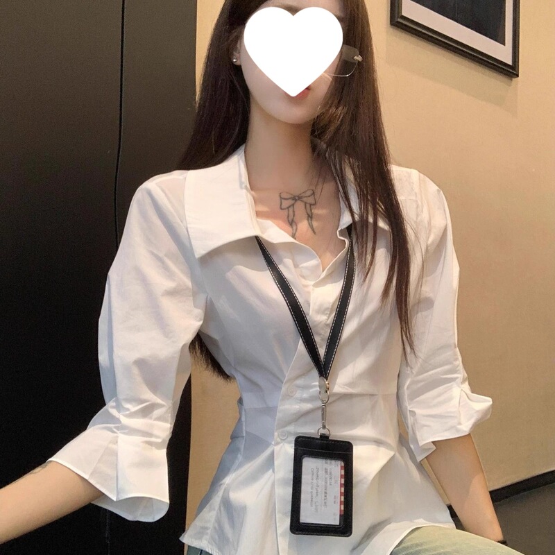 Hot Girl Style Slim-Fit White Elegant Three-Quarter Sleeve Shirt with Irregular Hem, New Autumn Design, Waist-Cinching and Slimming Commuter Shirt