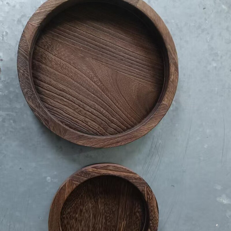 Spot Retro Solid Wood Tray Round Home Decoration Ornaments Household Wooden Tray Round Living Room Solid Wood Tea Cup Tray