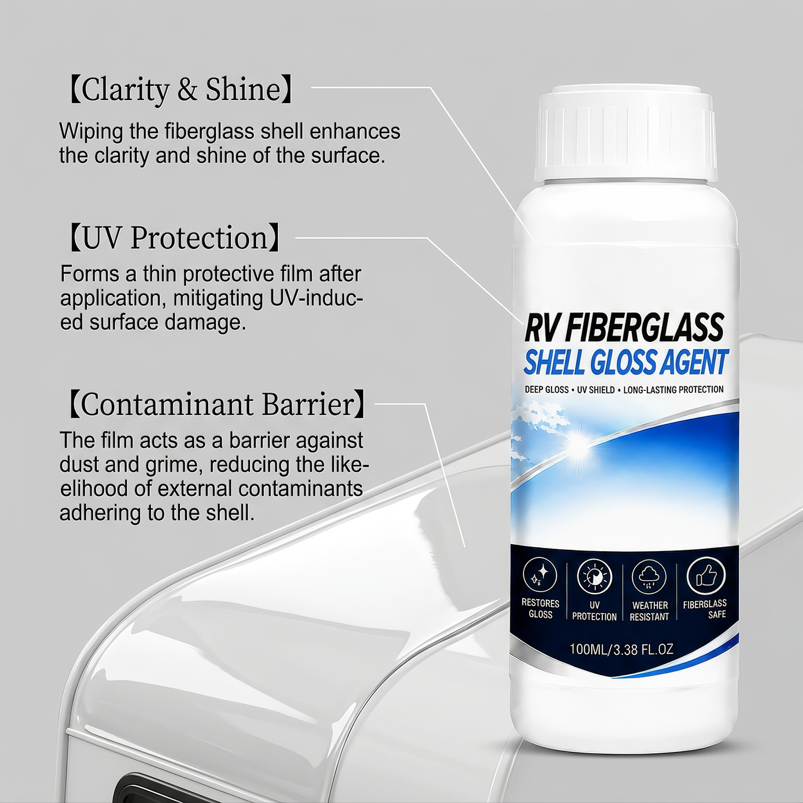 RV fiberglass exterior polish: RV body glass cleaner, polisher, brightener, and protective coating for maintenance