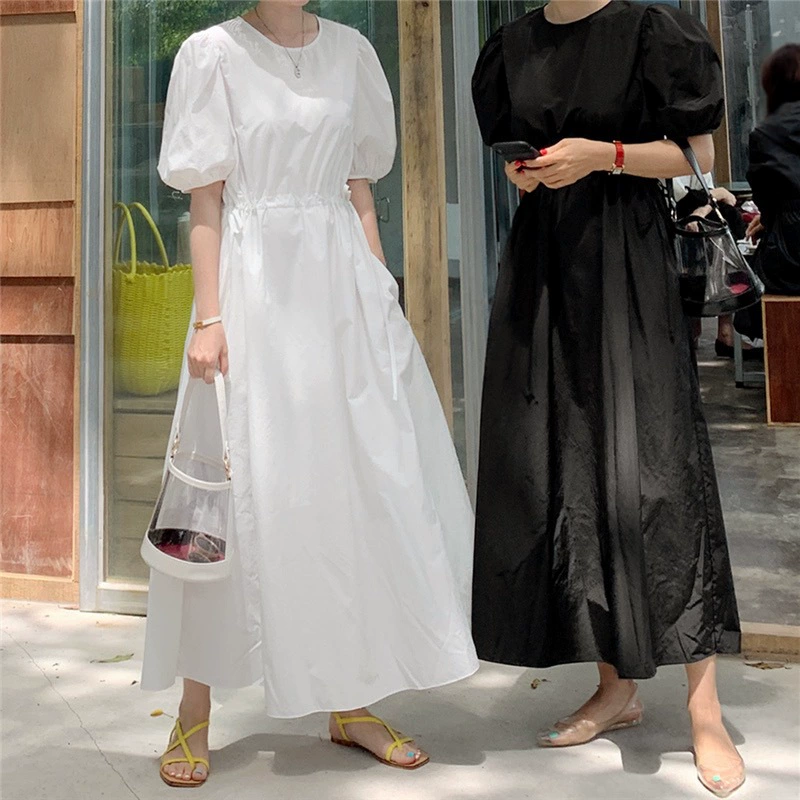 Свободное черно-белое платье для женщин больших размеров, женственная юбка трапециевидной формы со средним рукавом, длинная юбка, летняя