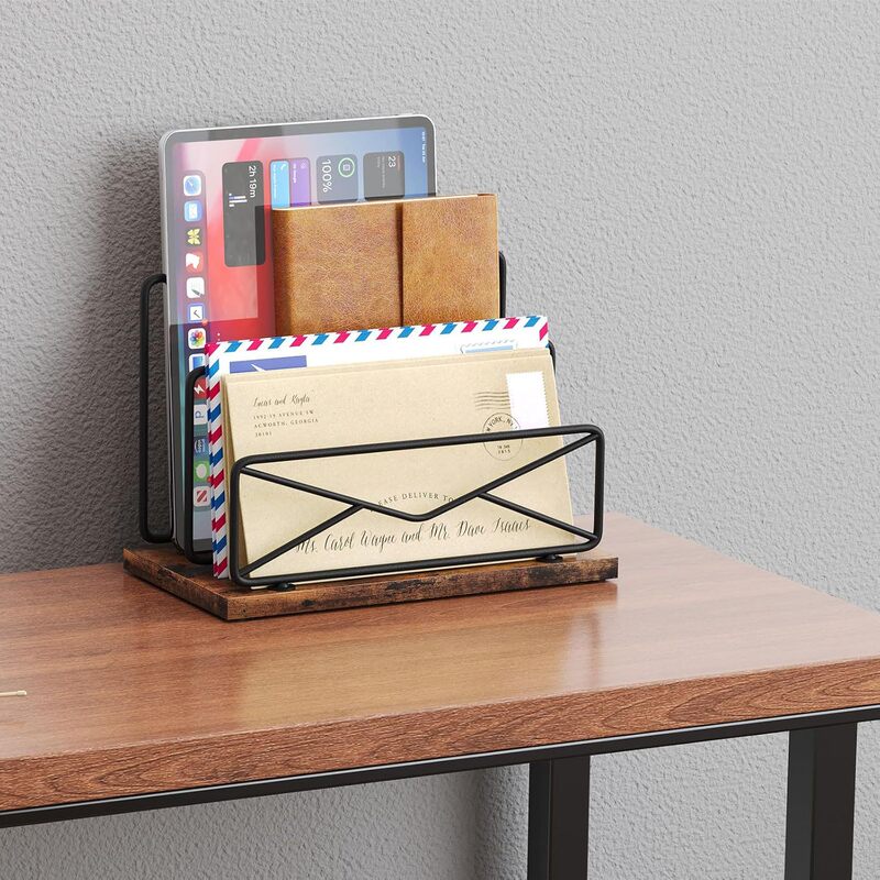 Iron Wood Storage Rack Office Desktop File Organizer Mail Sorter Home Tablet Book Storage Rack