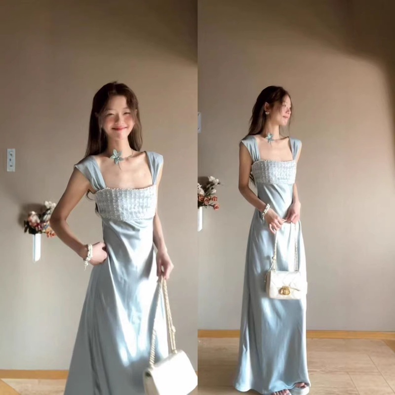 French-Style Gentle and Elegant Socialite Vibe, Heavy-Duty Rhinestone-Embellished Satin Dress, New Niche Luxury Design, Slimming Waist-Cinching Long Dress
