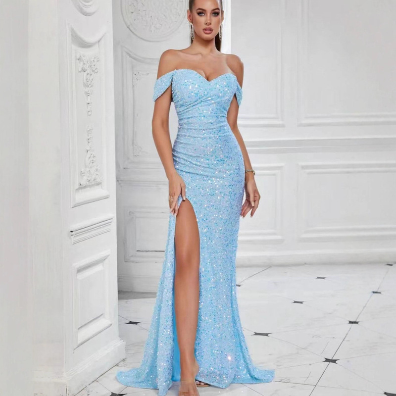 Cross-Border Export European and American New Sequin Slit Dress Women's Casual Fashion Banquet Dress Long Skirt Fishtail Skirt
