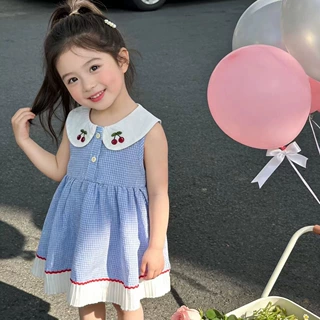 婴幼儿夏季薄款梭织纯棉娃娃领格子女宝无袖花边裙子透气吸汗百搭