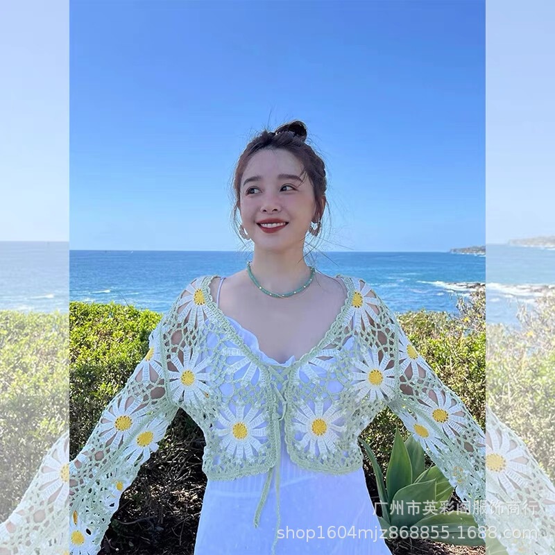 Small Fresh Hollow-out Heavy Industry Daisy Cardigan V-neck Lace-up Short Knitted Sweater Women's Holiday Style All-match Casual Top