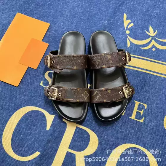 2025 Hot-Selling L-Metal Buckle Flat Slip-On Sandals with Double Buckle Straps, Unisex Trendy Export Style, L-Metal Brand In Stock