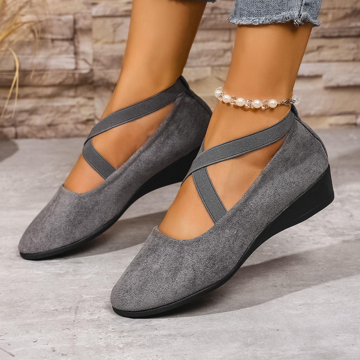 Chaussures d'automne pour femmes en daim, à talon compensé et bride élastique croisée, grandes tailles, style décontracté, bout ouvert et semelle épaisse_voghion.com
