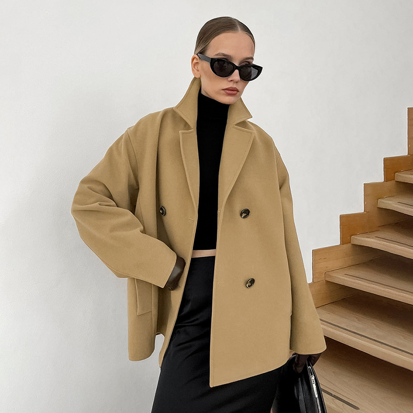 Dameskleding herfst en winter temperament wollen jas halflange losse verdikte bruine dubbele rij knopen wollen jas forensenkleding voor dames_voghion.com