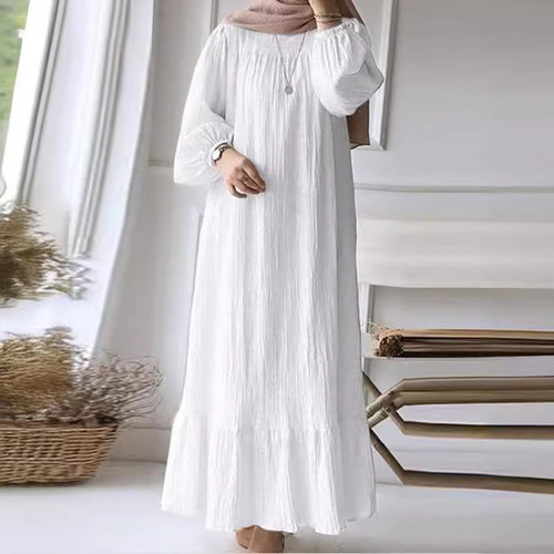 2024 Muslim Women's Long Robe Spring and Autumn New Fashion Bubble Sleeve Retro Pocket Lotus Edge Dress