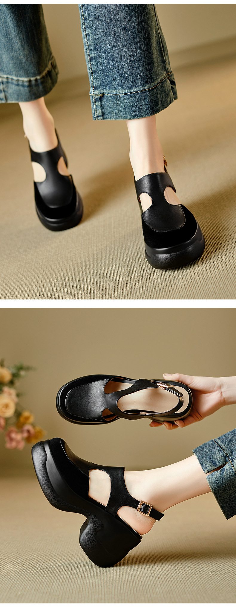 Sandal nữ da bò cao gót đế xuồng phong cách La Mã hở mũi — màu đen, màu trắng chi tiết 6