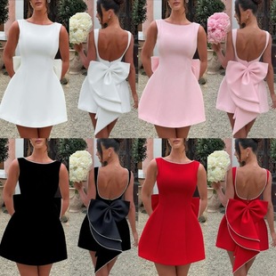 Foreign Trade European and American New Women's Clothing Pearl Bow Slim Short Skirt Sexy Waist Backless A-Line Pure Color Dress