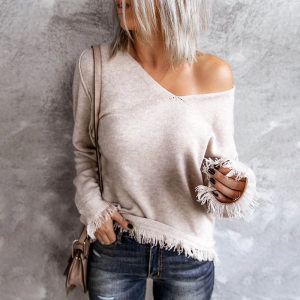 product - wholesale Women V neck Tassel Hem Loose Pullover Women Autumn Winter Bottoming Sweater - 1