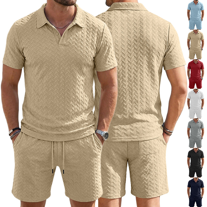 Cross-border nuevo hombre Jacquard Polo verano delgado con solapa cuadrada casual deportivo conjunto de mangas cortas para hombres