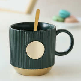 星巴风复古墨绿色条纹铜牌咖啡陶瓷创意马克水杯礼品广告杯刻LOGO