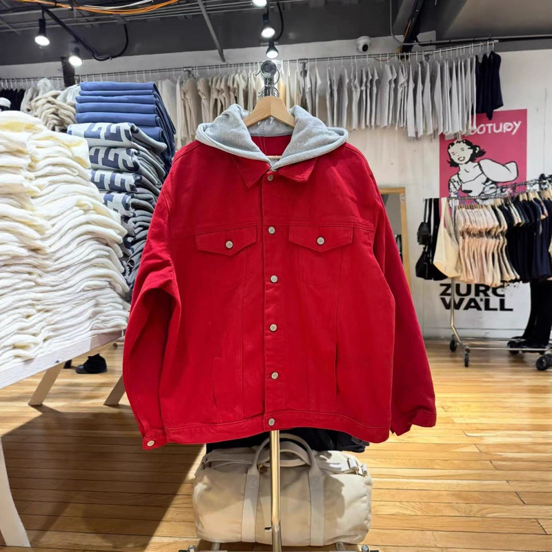 Bm Red Corduroy Hooded Zipper Jacket Women's Bm Autumn and Winter Thick Loose Denim Long-Sleeved Jacket Casual Top