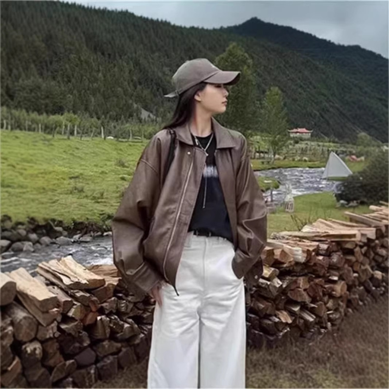 Vintage American-Style Casual Brown Leather Jacket for Women, New Spring and Autumn Model, Stylish and Versatile Vintage American-Style Casual Brown Leather Jacket for Women, New Spring and Autumn Model, Stylish and Versatile