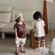 童套装2024夏新款韩版男女童印花短袖短裤两件套儿童设计师兄妹装