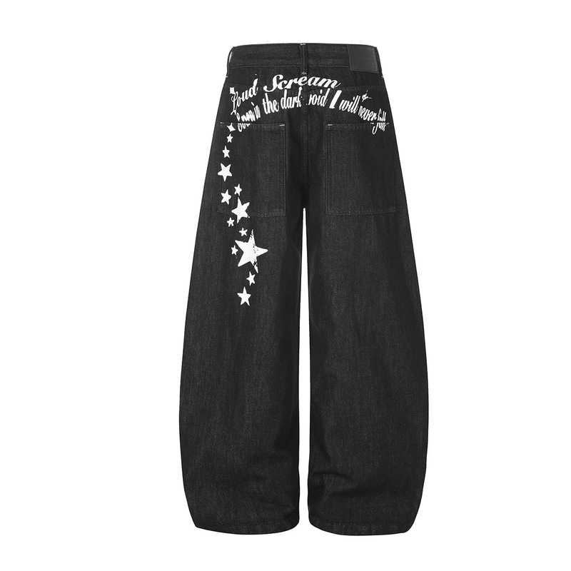 Magic Bear American Retro Street Style Original Color Washed Jeans Straight-Leg Five-Point Star Print Loose Wide-Leg Curved Pants