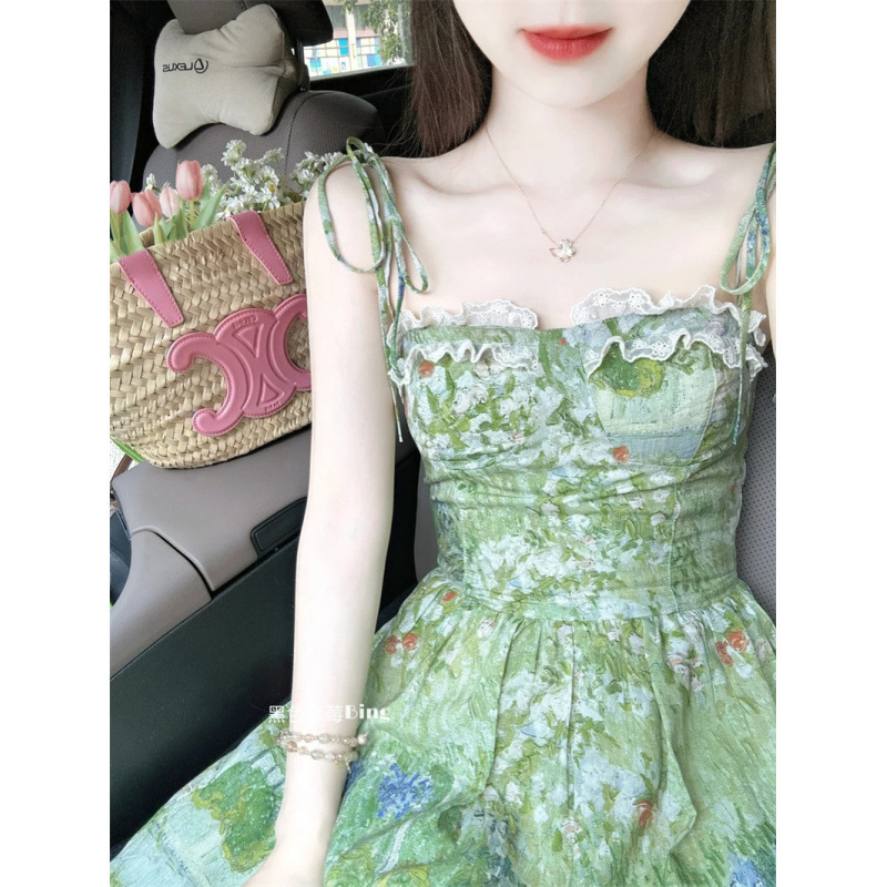 法式复古温柔风蕾丝花边油画碎花吊带连衣裙2025夏季收腰气质长裙|undefined