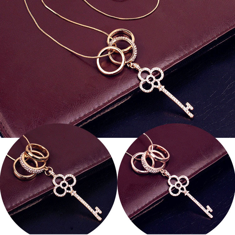 Korean Style Fashionable Long Ring Diamond Inlaid Key Sweater Chain Necklace Popular Cross-Border Al