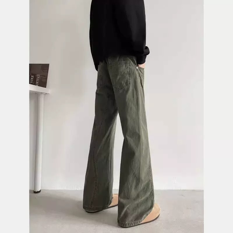 Gray-Green Scimitar Jeans American High Street Vibe Men's High-Waisted Slightly Flared Pants Slim Straight-Leg Ootd Pants