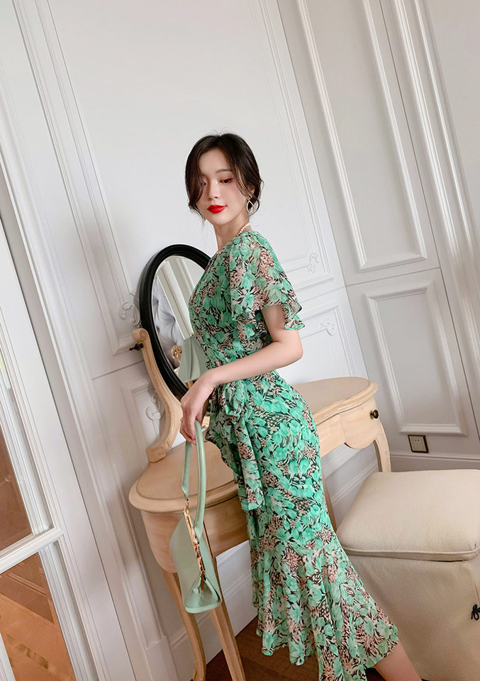 Váy maxi đuôi cá voan xếp tầng kiểu Pháp tay bồng che khuyết điểm — Màu xanh lá chi tiết 17