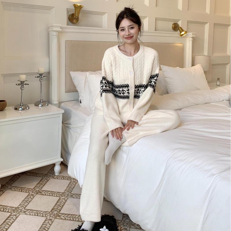亲子系列CaCa开衫系扣半边绒睡衣女秋冬加厚保暖软绵绵家居服套装|undefined