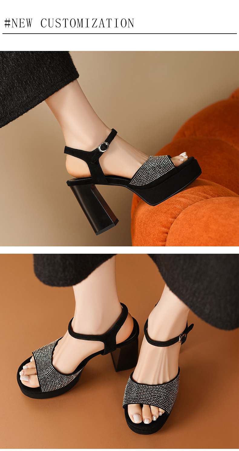 Sandal cao gót nữ hở mũi quai ngang khóa gót 12 cm — đen chi tiết 3