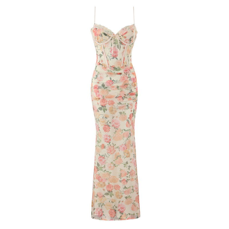 Taop&Za Women's Clothing 2026 Summer New Style Exquisite and Charming Peach-Colored Fishbone Waist-Cinching Slimming Ultra-Long Dress