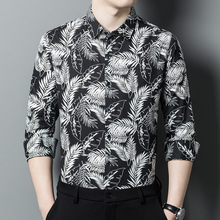 高档男装2025春秋男士休闲长袖印花衬衫青年时尚男式翻领纯棉衬衣