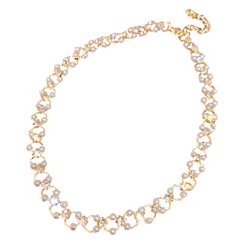 Verdadero chapado en oro Corea del Sur moda simple personalidad collar de diamantes incrustado collar de perlas en línea celebridad temperamento diseño Collar para las mujeres