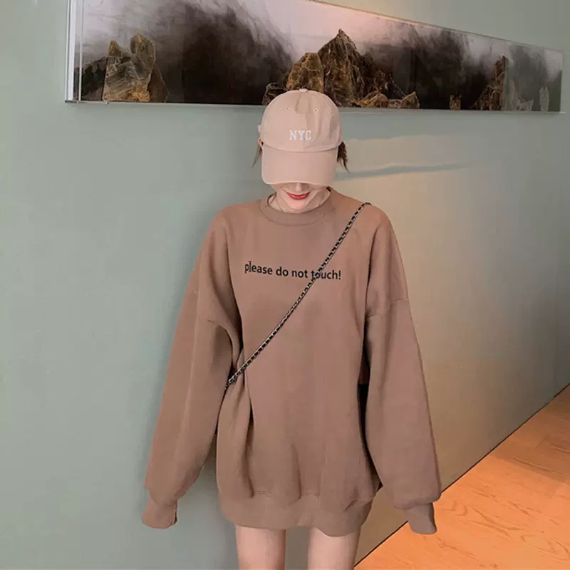 2025春秋季新款卡其色字母印花卫衣女宽松慵懒风休闲百搭潮流上衣