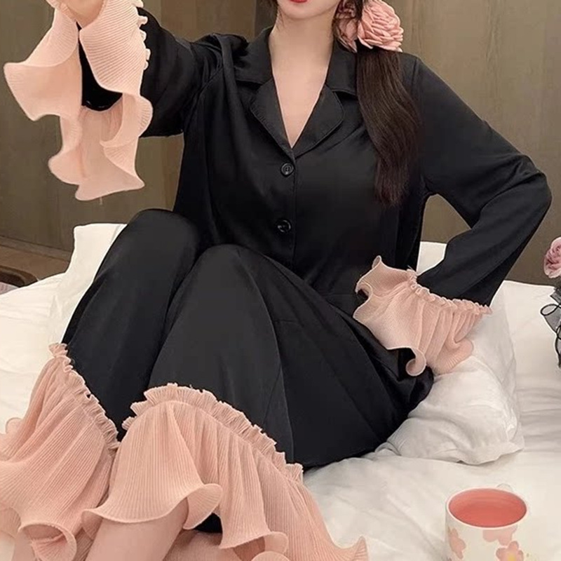 Women's High-End Summer Pajamas, French-Style Light Luxury Ice Silk Loungewear, Long-Sleeve and Long-Pants Set with Lace Trim, Plus-Size Two-Piece Set Women's High-End Summer Pajamas, French-Style Light Luxury Ice Silk Loungewear, Long-Sleeve and Long-Pants Set with Lace Trim, Plus-Size Two-Piece Set