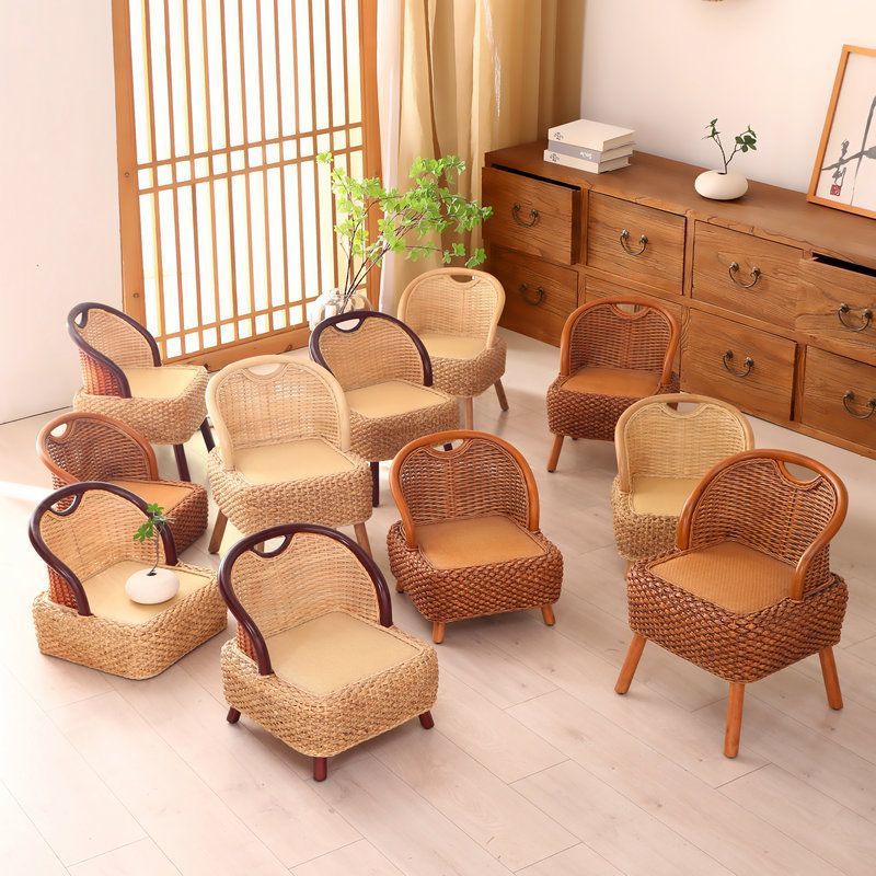 Rattan Chair Rattan Tatami Back Chair Balcony Seat Tea Room Legless Chair Solid Wood Small Chair Leisure Home Low Chair
