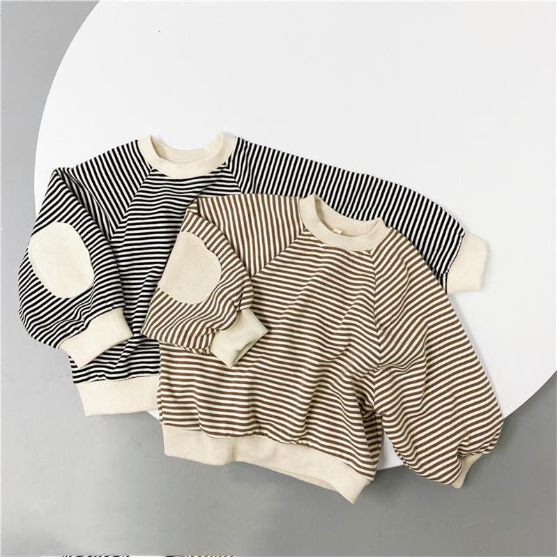 Children's Striped Sweatshirt Spring Korean Style Batwing Sleeve Patch Sweatshirt Small and Medium Children's Striped Cotton Long Sleeve Kids Sweatshirt