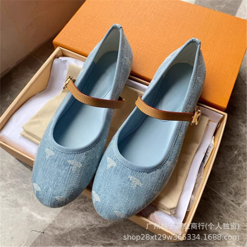 2025夏季新款丹宁牛仔蓝芭蕾舞平底单鞋女金属扣圆头少女单鞋皮鞋|undefined