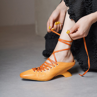High-Heeled Shoes Half Slippers 2025 Summer New Women's Shoes Cross-Strap Horsehide Square-Toe Ballet Toe-Toe Outer Slippers