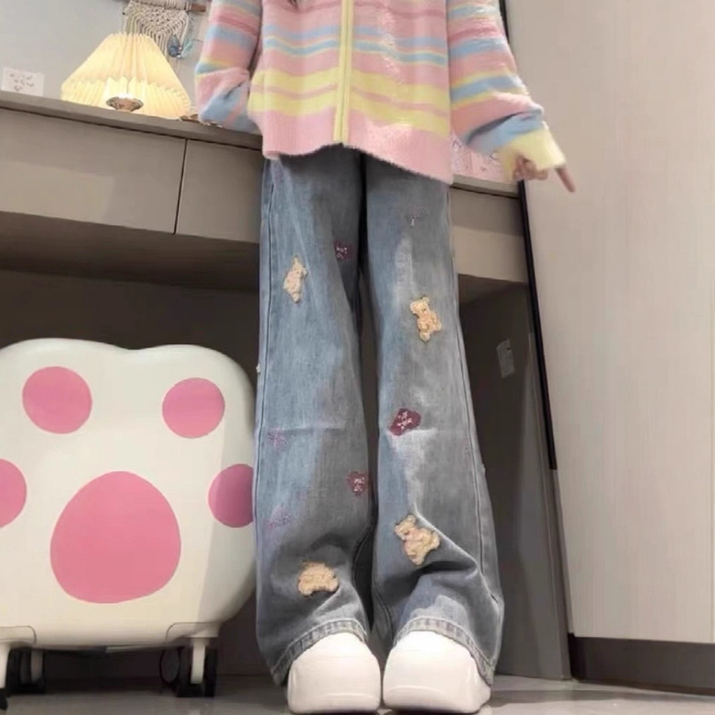 Bear Embroidered Straight Jeans 2025 Autumn and Winter New High-Waisted Loose Wide-Leg Retro Blue Slimming Look and Longer Legs
