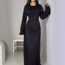 跨境爆款 法式连衣裙秋新款女装免烫色丁长袖修身显瘦气质长裙