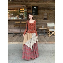 小众不撞款套装女春秋新款民族风褶皱荡领T恤搭配A字半身裙两件套